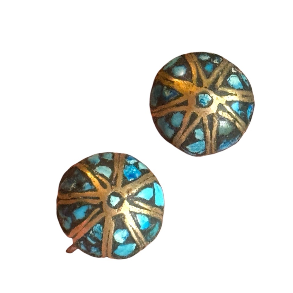 Antique Turquoise mosaic domed Tibetan Alpaca screw back earrings